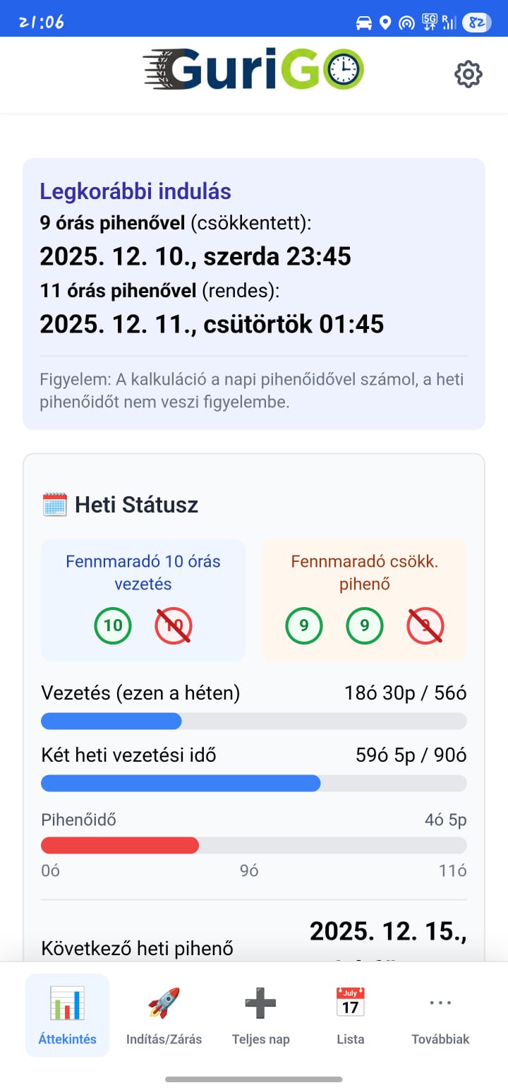 GuriGO áttekintés: munkaidő és vezetési idő a kamionos appban