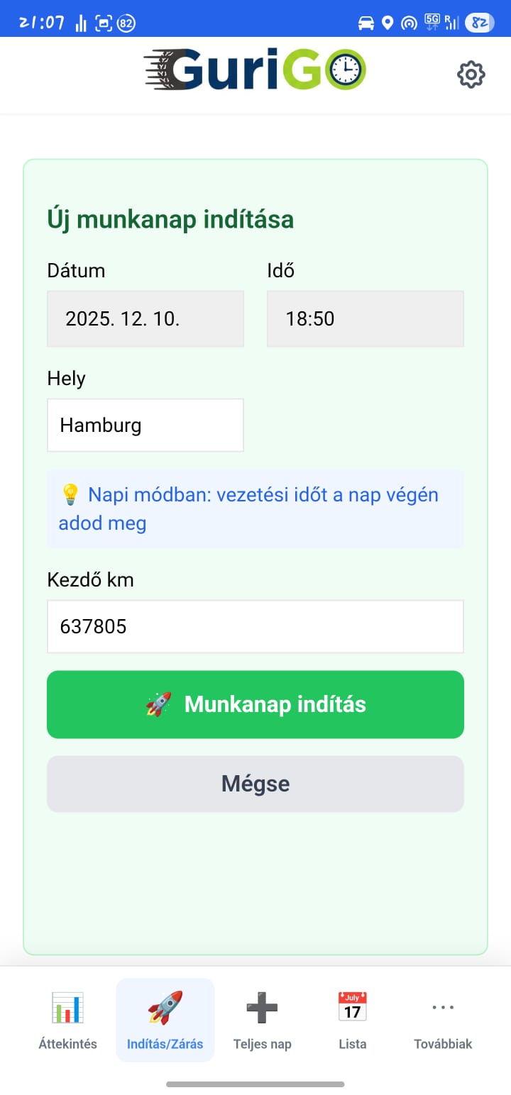Munkanap indítása a GuriGO kamionos munkaidő-nyilvántartásban