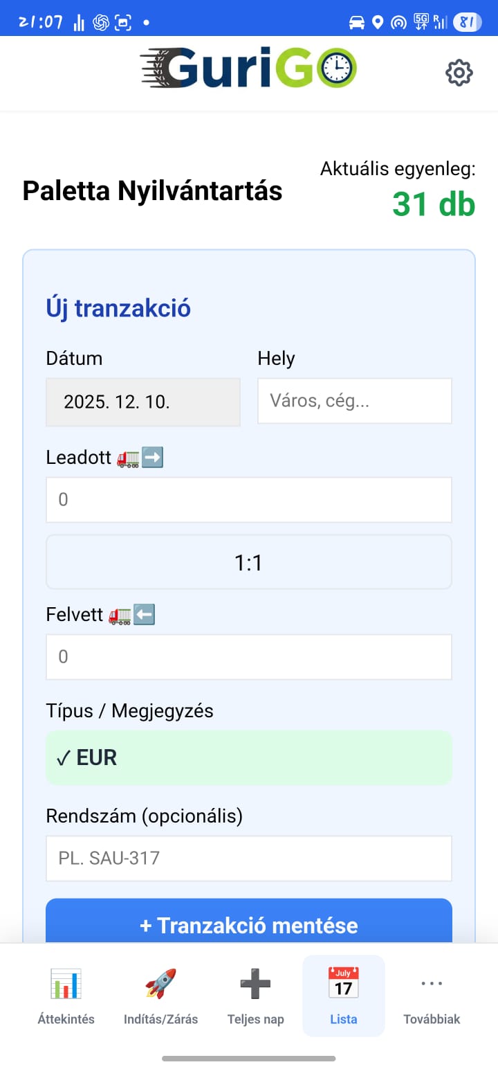 Raklap-nyilvántartás a GuriGO alkalmazásban